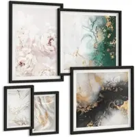 Tulup BILDER SET 5er Set - 50x50 cm & 20x30 cm & 40x60 cm Schwarzer Rahmen - Abstrakte Muster weiß schwarz grün