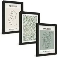 Tulup BILDER SET 3er Set - 20x30 cm Schwarzer Rahmen - Linien, Pflanzenmuster, Minimalismus