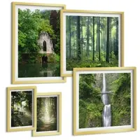 Tulup BILDER SET 5er Set - 50x50 cm & 20x30 cm & 40x60 cm Goldrahmen - Grüne Wälder, Lichtstrahlen