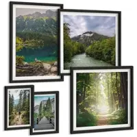 Tulup BILDER SET 5er Set - 50x50 cm & 20x30 cm & 40x60 cm Schwarzer Rahmen - Straße Wald Berge Hirsch Natur