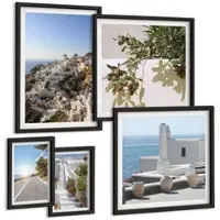 Tulup BILDER SET 5er Set - 50x50 cm & 20x30 cm & 40x60 cm Schwarzer Rahmen - Weiße Treppe mit Blick auf Santorini