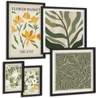 Tulup BILDER SET 5er Set - 50x50 cm & 20x30 cm & 40x60 cm Schwarzer Rahmen - Pflanzenmuster, Boho-Dekorationen