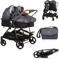 Chipolino Geschwisterkinderwagen Duo Smart klappbar umbaubar verstellbar Fußsack grau hellgrau
