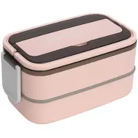 VERK 07328: Zweistöckiger Brotdose mit Fächern und Besteck, 1400 ml, rosa