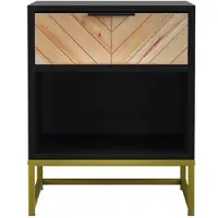 MODFU Nachttisch MDF Schwarz/Natur 43x40x55 cm mit 1 Schublade, offenem Fach und Metallbeinen