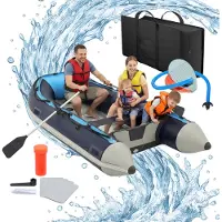 Relaxdays Schlauchboot Set, 4 Personen, 3,20 m, Paddel, Pumpe & Tasche, Angelboot Aluboden, Boot aufblasbar, blau-weiß