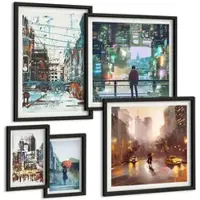 Tulup BILDER SET 5er Set - 50x50 cm & 20x30 cm & 40x60 cm Schwarzer Rahmen - Moderne, farbenfrohe Städte mit Charakteren