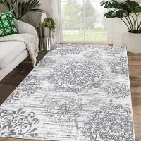Famanu Niedrigfloriger Teppich, Wohnzimmer, Schlafzimmer, 120 x 180 cm, Wohnzimmerteppich, grau, rutschfest, waschbar, weich, Vintage-Stil, Mandala-Muster, Teppich, Kinderzimmer
