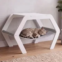 MCW Katzenbett -Q60, Plattform Haustierliege Katzenmöbel Ablage, Holz MVG 41x59x39cm ~ weiß, Hängematte grau