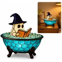 Dopwii Halloween Geister Blasenbad Lampe, kreative Harz Dekofigur mit lesendem Geist in Badewanne, Nachtlicht für Schlafzimmer, Schreibtisch und Geschenk