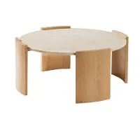 CALICOSY - Runder Couchtisch in Travertinoptik und Beinen in Holzoptik Ø80 cm - IZIA