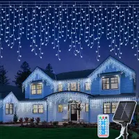 Izrielar 5M LED Solar Lichterkette LED Eisregen 200 LEDs Eiszapfen Lichtervorhang mit Fernbedienung Innen Outdoor Garten Deko Kaltweiß