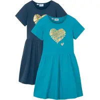 Bonprix Jerseykleid Packung, 2er, aus Baumwolle, ausgestellter Rock, mit Herz-Druck, im 2er-Pack