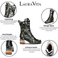 LAURA VITA Damen Stiefelette bunter Blockabsatz Blumenmuster mit Prägungen IBCANO 15, Größe:37 EU, Farbe:Schwarz