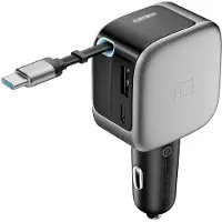 Cuktech CC903P 100W Kfz-Ladegerät mit Display und 70 cm langem, einziehbarem USB-C-Kabel – Grau