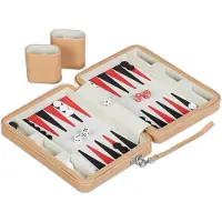 Relaxdays Backgammon, Reisespiel mit Tasche, inkl. Zubehör, HxBxT: 5,5 x 24 x 18 cm, Lederoptik, Brettspiel, hellbraun