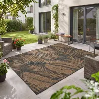 Teppium Carpetsale24 Outdoor Teppich Schwarz Natur Jute Optik 200x280 cm Balkon Terrasse Garten Wetterfest UV-beständig Groß XL Palmblatt Flachgewebe