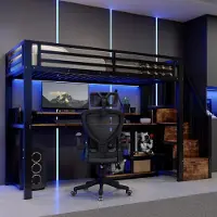 TavilaEcon Hochbett, 90 x 200 cm, Metallbettgestell, Leiterschrank, Ablagefach, USB + Typ-C, LED-Lichtleiste, Ohne Matratze, Schwarz