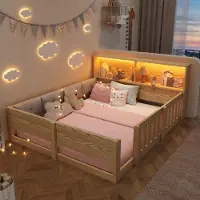 TavilaEcon Flachbett, Gitterbett, 140 x 200 cm, Kinderbett mit Gitter, Mit gepolsterten Bettseitenm, Ohne Matratze, Minimalistischer Stil, Mit LED-Lichtleiste, Natur