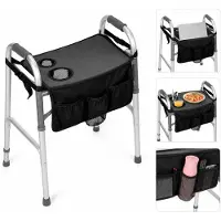 Dopwii Rollator Tablett mit Tasche & Getränkehalter, rutschfestes Gehhilfe Tablett, abnehmbar für Essen, Medikamente & Alltag im Zuhause