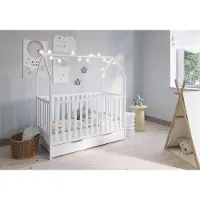 Markenlos Hausbett Schlafmütze für Kinder mit Schublade, weiß lackiert, 140x70 cm, aus massivem Kiefernholz (ohne Matratze, mit Schublade)