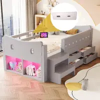 MODFU Kinderbett 90 x 200 mit 4 Schubladen,Jugendbett mit Stauraum,Funktionsbett mit LED und Aufstiegsstufen,ohne Matratze,Grau