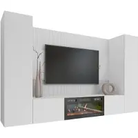 Mirjan 24 Wohnwand Deromi V, Wohnzimmer Möbel Set, mit Kamin, Griffloses Öffnungssystem push to open, 4er-Set (Farbe: Weiß / Weiß + Weiß Marmor)