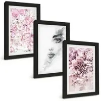 Tulup BILDER SET 3er Set - 20x30 cm Schwarzer Rahmen - Pfingstrosenporträt einer Frau in Schwarzweiß