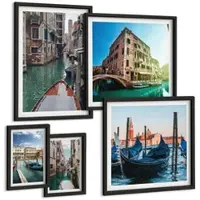 Tulup BILDER SET 5er Set - 50x50 cm & 20x30 cm & 40x60 cm Schwarzer Rahmen - Küchenutensilienmuster Blätter