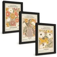 Tulup BILDER SET 3er Set - 20x30 cm Schwarzer Rahmen - Blumenmuster Amsterdam Paris London