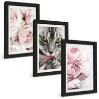 Tulup BILDER SET 3er Set - 20x30 cm Schwarzer Rahmen - Katze in rosa Blumen