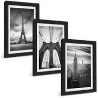 Tulup BILDER SET 3er Set - 20x30 cm Schwarzer Rahmen - Monochromatische Brückentürme