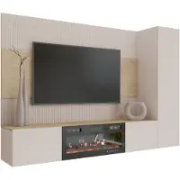 Mirjan 24 Wohnwand Deromi VI, Wohnzimmer Möbel Set, mit Kamin, Griffloses Öffnungssystem push to open, 3er-Set (Farbe: Sandbeige / Sandbeige + Eiche Cremona)