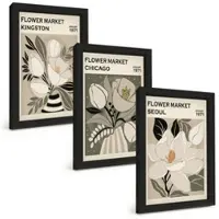 Tulup BILDER SET 3er Set - 20x30 cm Schwarzer Rahmen - Blumen Kingston Seoul Chicago Retro