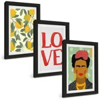 Tulup BILDER SET 3er Set - 20x30 cm Schwarzer Rahmen - Lemons LOVE Porträt von Frida