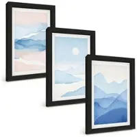 Tulup BILDER SET 3er Set - 20x30 cm Schwarzer Rahmen - Aquarell: Blau-rosa Berge