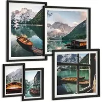Tulup BILDER SET 5er Set - 50x50 cm & 20x30 cm & 40x60 cm Schwarzer Rahmen - See, Berge, Boote, Hütte, Fenster