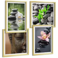 Tulup BILDER SET 4er Set - 50x50 cm & 40x60 cm Goldrahmen - Friedliche Zen-Blumen-Buddha-Komposition