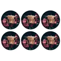 MuchoWow GLASUNTERSETZER 6er-Set Rund Kuh - Schottischer Highlander - Blumen - Botanisch 10x10 cm