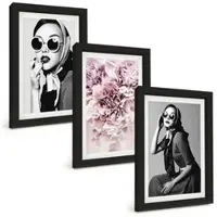 Tulup BILDER SET 3er Set - 20x30 cm Schwarzer Rahmen - Stilvolle Porträts von Frauen mit Blumen