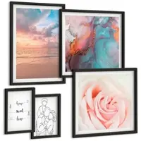 Tulup BILDER SET 5er Set - 50x50 cm & 20x30 cm & 40x60 cm Schwarzer Rahmen - Blumenfamilie minimalistisch