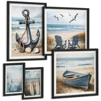 Tulup BILDER SET 5er Set - 50x50 cm & 20x30 cm & 40x60 cm Schwarzer Rahmen - Waldlandschaft, See Łódź