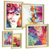 Tulup BILDER SET 5er Set - 50x50 cm & 20x30 cm & 40x60 cm Goldrahmen - Farbenfrohe Abstraktionen der Form