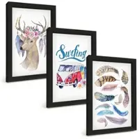 Tulup BILDER SET 3er Set - 20x30 cm Schwarzer Rahmen - Blumenwagen mit Geweih