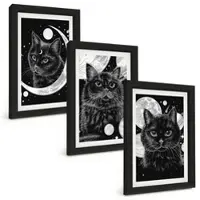 Tulup BILDER SET 3er Set - 20x30 cm Schwarzer Rahmen - Schwarze Katzen, Mond, Weltraum