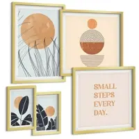 Tulup BILDER SET 5er Set - 50x50 cm & 20x30 cm & 40x60 cm Goldrahmen - Waldnebel, Fluss, Gewächshauspflanzen