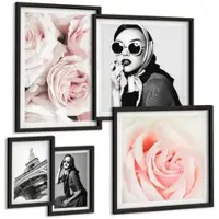 Tulup BILDER SET 5er Set - 50x50 cm & 20x30 cm & 40x60 cm Schwarzer Rahmen - Blumen, Pfingstrosen, Rosen, Eleganz