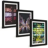 Tulup BILDER SET 3er Set - 20x30 cm Schwarzer Rahmen - Neonlichter am Fluss bei Nacht