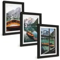 Tulup BILDER SET 3er Set - 20x30 cm Schwarzer Rahmen - Fenster für Boote auf dem Bergsee