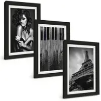 Tulup BILDER SET 3er Set - 20x30 cm Schwarzer Rahmen - Porträt einer Frau mit einer Eiffel-Rose